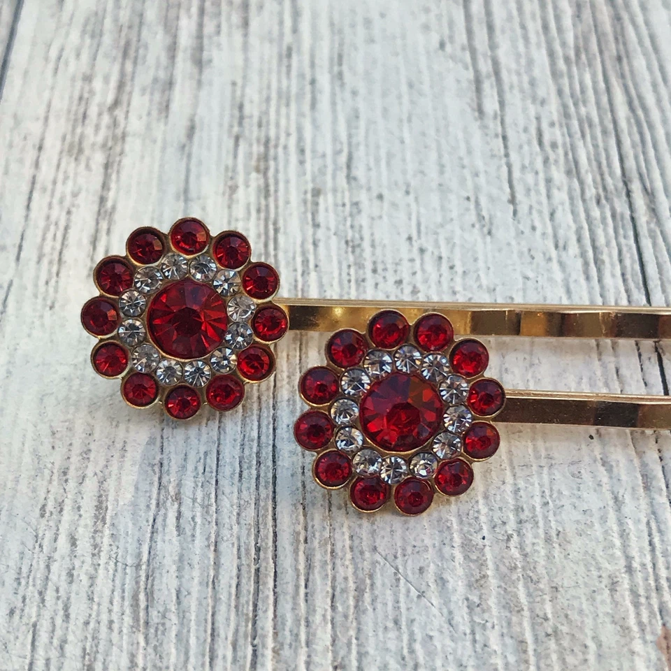 Red Rhinestone Hair Pins, Red Flower Hair Pins, Hair Pins For Woman, Womens Hair - Image 4 of 4