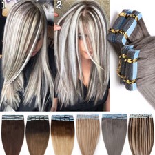 60PCS 150G Tape In Russian Human Hair Extensions Remy Skin Weft Full Head GREY