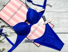 VICTORIA'S SECRET SWIM Shine Strap Sexy Tee Push-Up Bikini Brazilian Set Blue