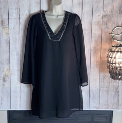 Halo Dress womens Tunic Beaded embroidered V Neck witchy chiffon Boho NWT Black