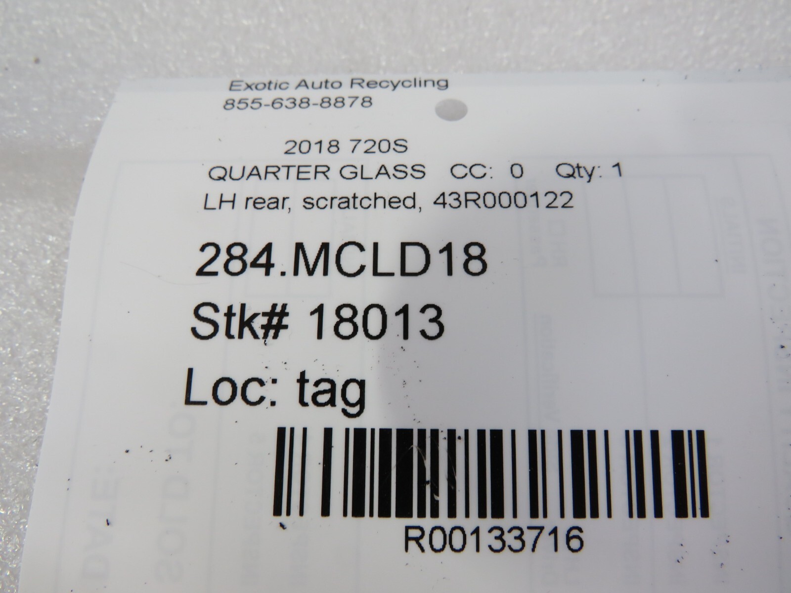 Mclaren 720S, LH, Left, Rear Quarter Glass, Scratched, Used, P/N 43R000122