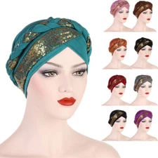 Sequin Braids Women Fashion Hats Muslim Head Wrap Scarf Bonnet Hijab Chemo Caps