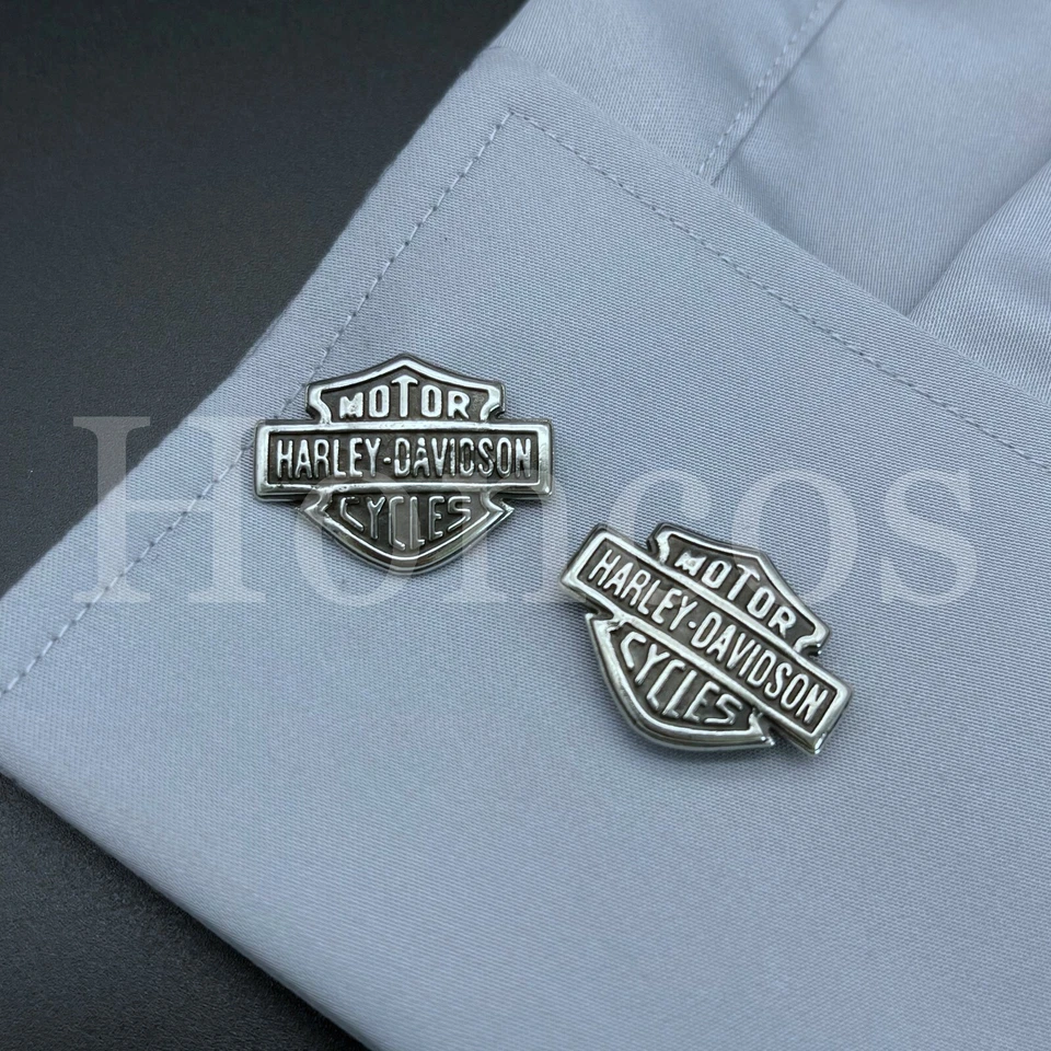 Gemelos Harley Davidson para hombre acero plata barra escudo hechos a medida vintage Foto 3 de 4