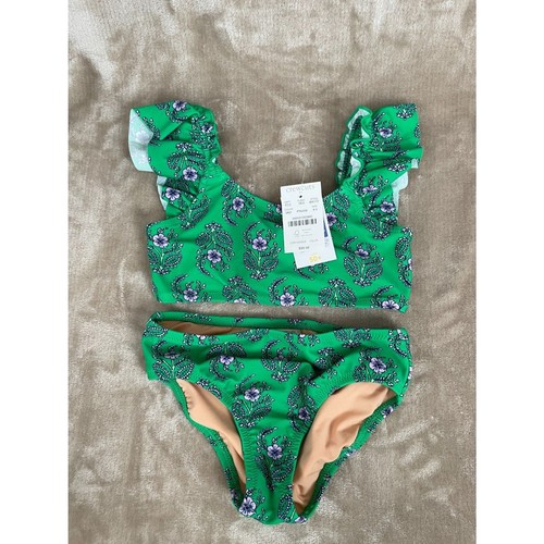 Crewcuts Two-piece Swimsuit Girls Size 4-5 Green Blue Floral Print Ruffles