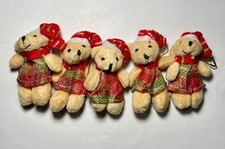 5pc 3in Small Plush Bear Christmas Tree Ornaments Decorated Hat Scarf Hanging