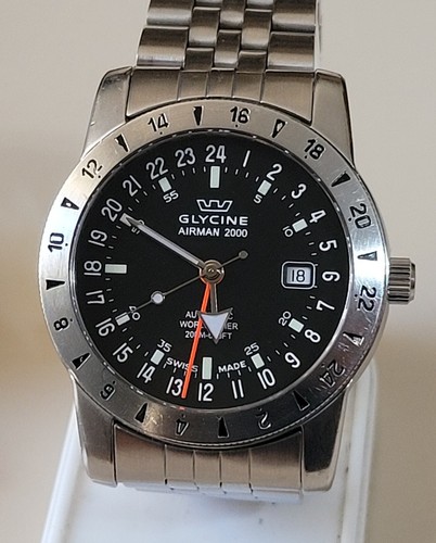 Glycine 3764 Airman 2000 Worldtimer GMT Black Dial Automatic Watch MENS 41MM