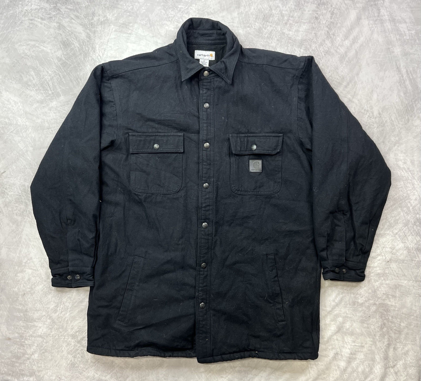 Carhartt Shirt Jacket Mens Large Black Canvas Quilted Snap Front Workwear Lined
