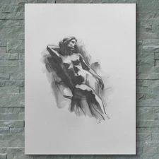 Original Classical Watercolor 8x10 Black And White Painting Nude Female Figure