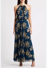 NWT MSK Halter Pleated Maxi Dress Forest Green Gold Floral Metallic Women’s 18W