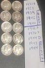 1921-1944 Mercury Dime Lot 10 Coins Mixed Dates Silver .900 10C