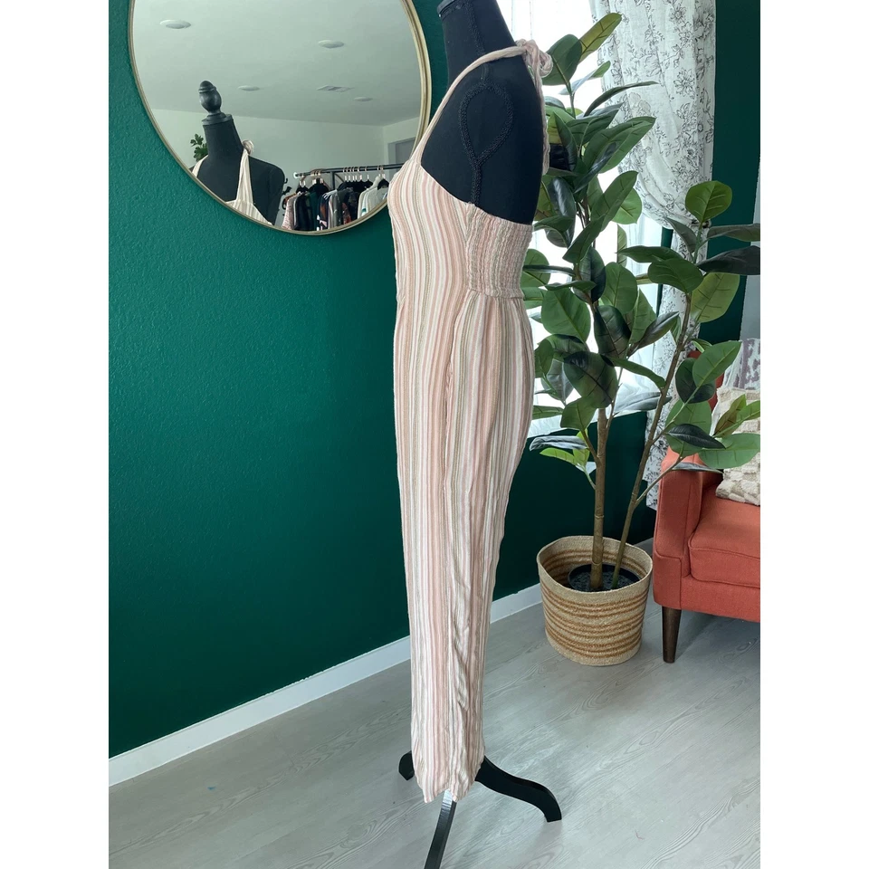 Mono American Eagle XS Rayas Halter Botón Delantero Pierna Ancha Informal Boho Otoño Foto 4 de 4