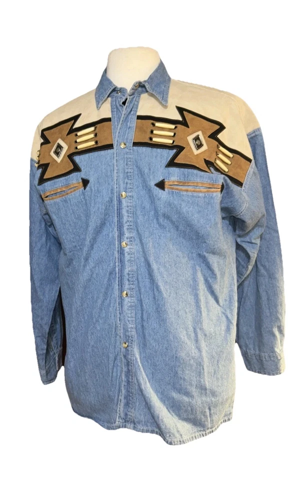 Mens Vintage Rivergold Denim Shirt Lg XL  Faux Lthr Pearl Snaps Southwestern - Image 2 of 4