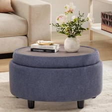 Fabric Round Storage Ottoman with Reversible Tray Lid – Multi-Functional Foot...