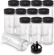 RoyalHouse 12 Pack 5.5 Oz Plastic Spice Jars with Black Cap, Clear and Safe Plas