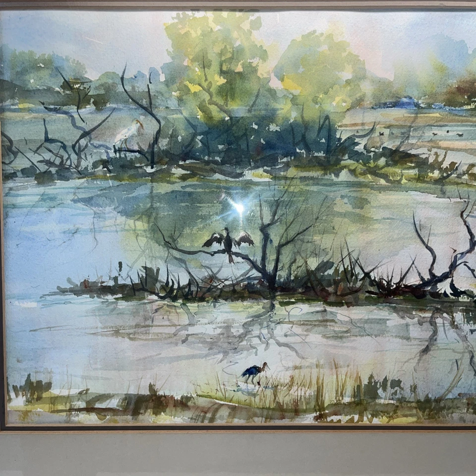 Signed Watercolor Painting Of Birds In Marsh - Image 3 of 4