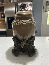 Stoneware Beverage Dispenser With Stand, Spigot, and Lid w/Seal