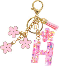 Resin Alphabet Initial Letter Keychain Tassel Flower Pendant Key Ring for Purse