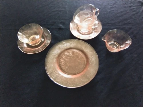 Macbeth Evans 'Dogwood' Pink Depression Glass Lot Plates, Cups, Saucers, Sherbet