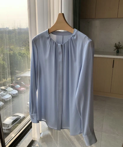 Damen Langarm 100% echte Seide Knopf Rundhals Shirt Bluse Büro Damen OL - Bild 28 von 38