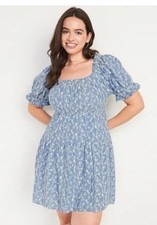 Old Navy Puff-Sleeve Tiered Smocked Embroidered Mini Swing Dress Size 2X Blue
