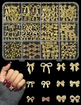 120 Pcs Gold Bow Nail Charms Bulk 12 Grids Gold Charms for Nails Design Kit M...