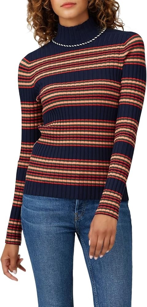 Tory Burch Striped Merino Wool Blend Ribbed Turtleneck Sweater Size Large Navy thumbnail 2