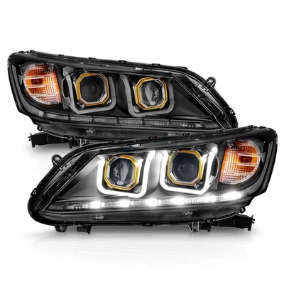 Halogen Projector U-Bar Headlight Set Black For 2013-2015 Honda Accord Sedan
