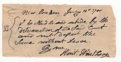 RARE 1700 WAITSTILL WINTHROP SIGNED DOC -SALEM WITCH TRIALS JUDGE