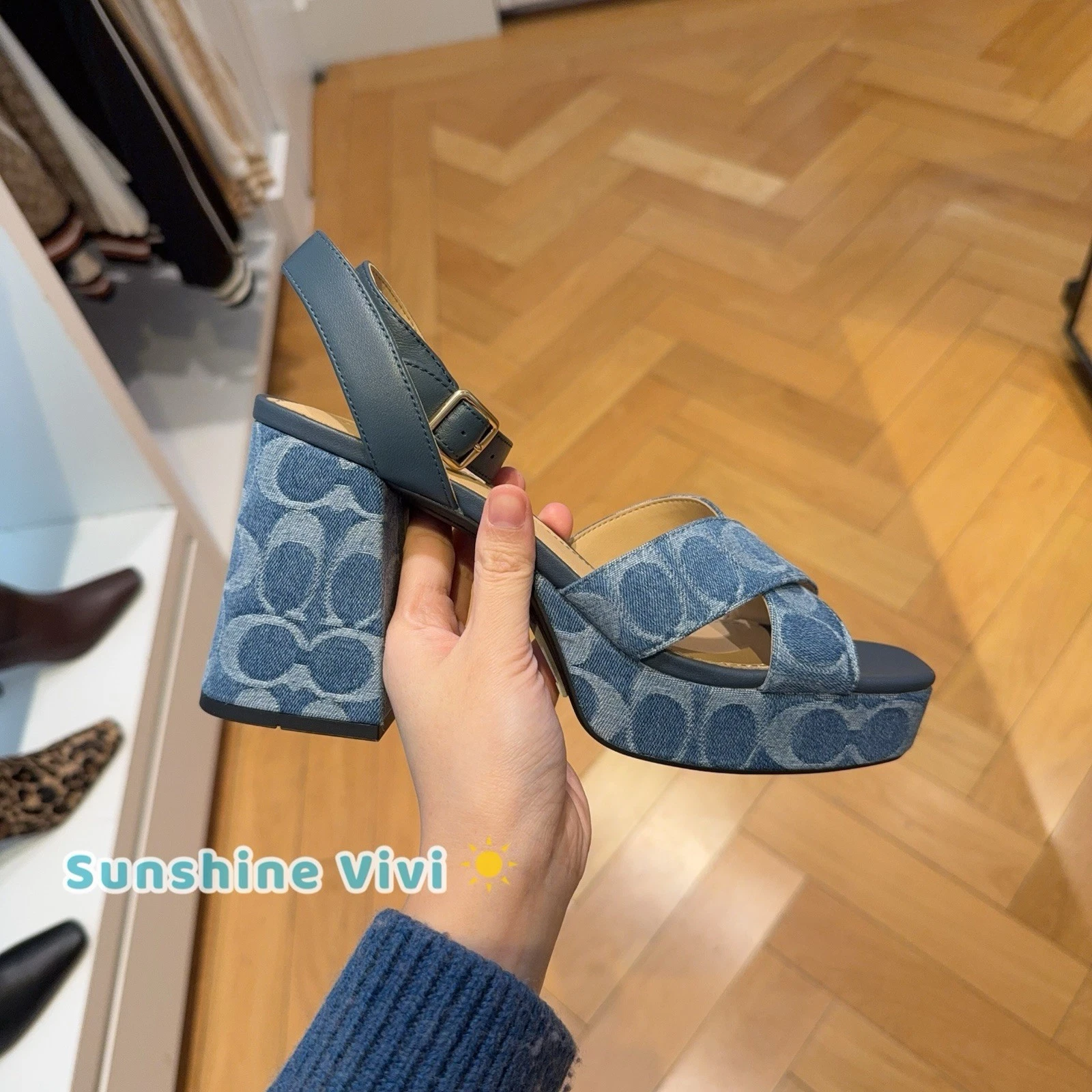 NEW COACH Women Block Heel Sandal In Signature Denim Indigo CDF88 Choose Size