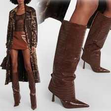 Women's Loose Boots Pointed Toe High Heel Leather Print Straight Knee High Boots