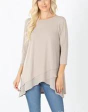 Zenana Top Womens 3/4 Sleeve Layered Crossed Asymmetrical Hem Light Mocha S L XL