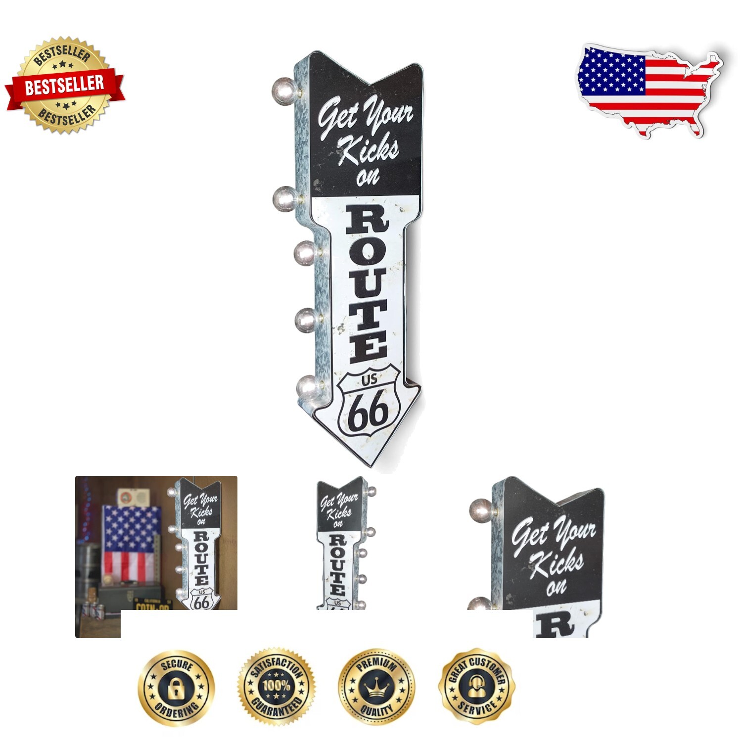 Charming Route 66 Double-Sided Marquee Sign with LED Lights - Gift Ready 26”