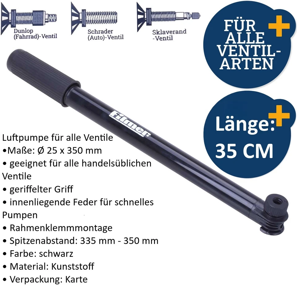 FILMER Fahrrad Luftpumpe Fahrradpumpe Handpumpe für alle Ventilarten 35 cm Pumpe-124