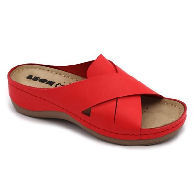 Leon 932 Leder Slipper Damen Ladies Clogs Pantolette Hausschuhe Schuhe, rot