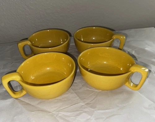 4 Vintage Frankoma 4SC Pottery Soup Mugs Bowls Square Handles Harvest Gold EUC