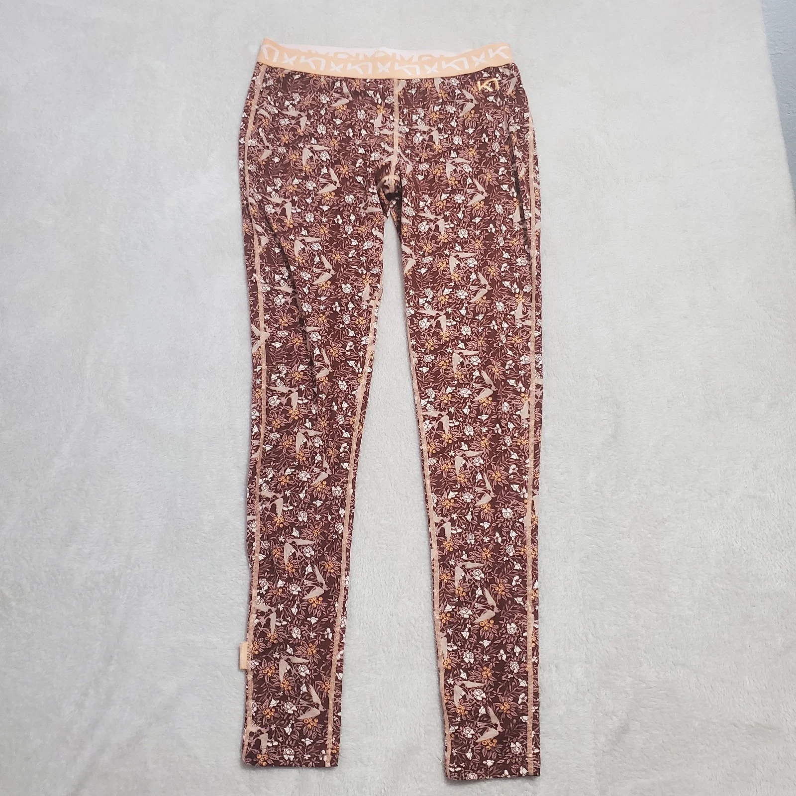 Kari Traa Base Layer FRYD Pant Women M Burgundy Peach Bird Floral Print Leggings