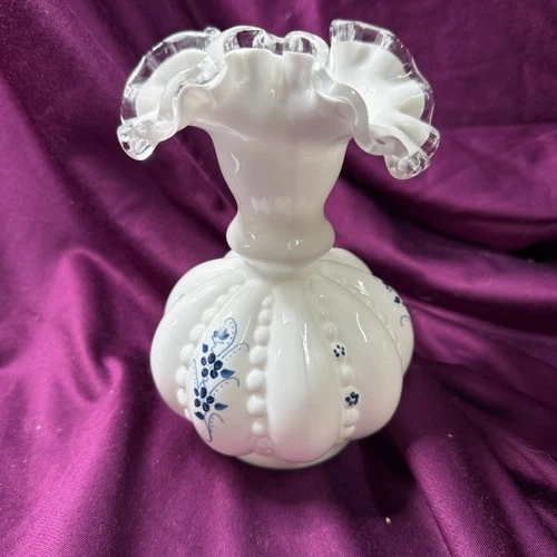 Fenton Ruffled Beaded Silver Crest Melon Vase Blue Signed Hand Painted