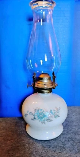 VTG Lamplight Farms Milk Glass Oil Lamp|Blue Gray Floral Decal|MCM Cottage Decor