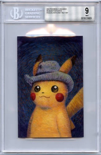 BGS 9 Pikachu Grey Felt Hat Van Gogh Postcard 2023 Pokemon Center Exclusive