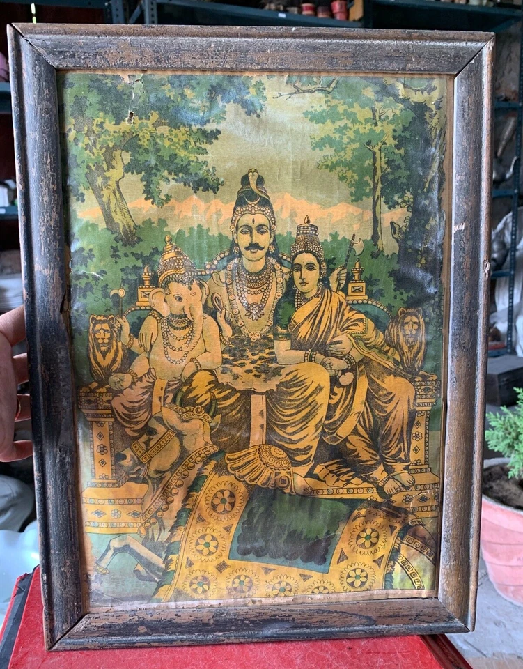 Prensa Raja Ravi Varma impresión litográfica vintage de la familia Shiva Parivaar enmarcada Foto 2 de 4