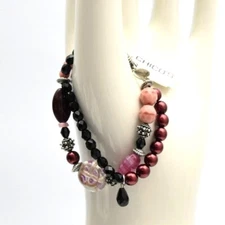 Chicos Double Stranded Beaded Bracelet Multi Beads Pink Black Clear Silver New