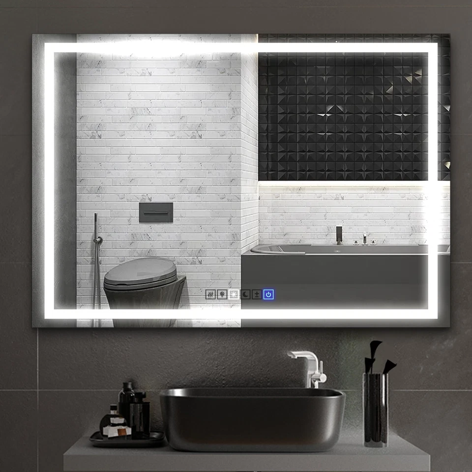 Espejo LED para baño sin marco montado en la pared antiniebla con luces regulables Foto 2 de 4