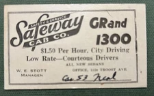 c1940 Safeway taxi Cab Company business card 1130 Troost (Kansas City Missouri)