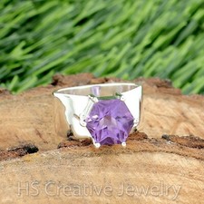 Natural Amethyst Fancy Cut 925 Sterling Silver Handmade Wide Band Ring for Women