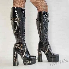Women Knee High Boots Side Zip Studded Thick High Heel Round Toe Handmade Boots