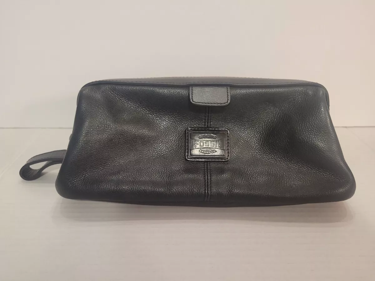 VTG Fossil Soft Leather Black Travel Toiletry Bag Shaving Dopp Wide Mouth