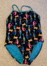 Mermaid Bathing Suit One Piece Swimsuit Girls Sz L 10/12 Black Colorful