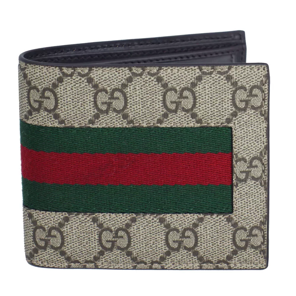 Gucci Portefeuille Homme Bifold Web Stripe Gg Supreme Toile Cuir Beige Multicolore 