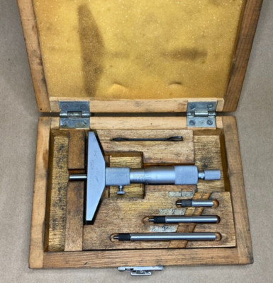 Unbranded Depth Micrometer. 0 - 3''. Original Wooden Box, Wrench, 3'' Base