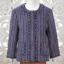 Ann Taylor Petite 10P Tweed Jacket Blue Purple Fringe Collarless Lined Chic